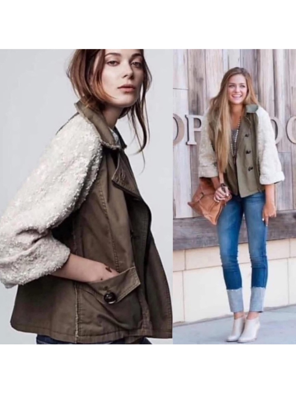 Anthropologie Hei Hei Olive Utility Jacket with Cream Sequin Sleeves